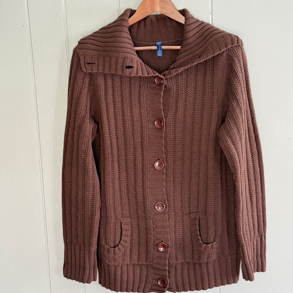 Y2k Chocolate‎ Brown 100% Cotton Chunky Ribbed Button Cardigan L Earthy Granola